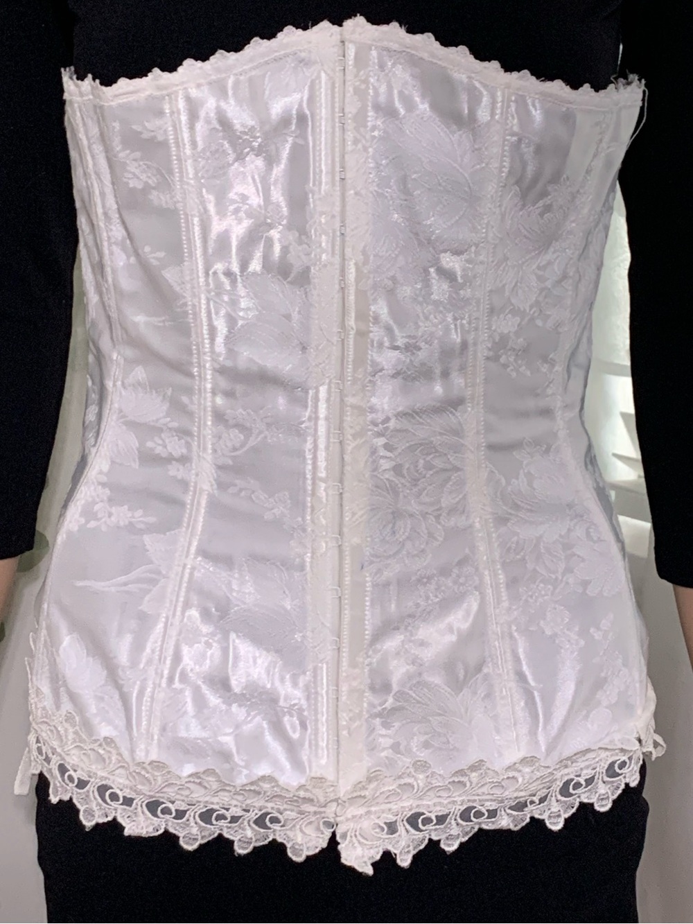 Sz 36 Frederick's of Hollywood White Satin Floral Lace  Boned Corset Top